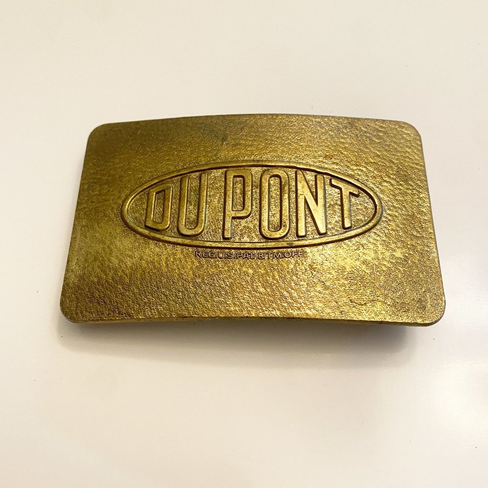 Vintage DuPont Chemicals Gold Tone Brass Heavy Belt Buckle